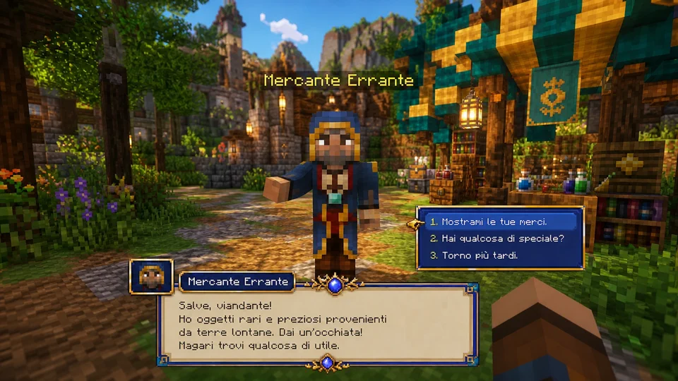 Wandering Merchant in a bright village market greeting the player with an open gesture inside a blue Spark dialogue box.